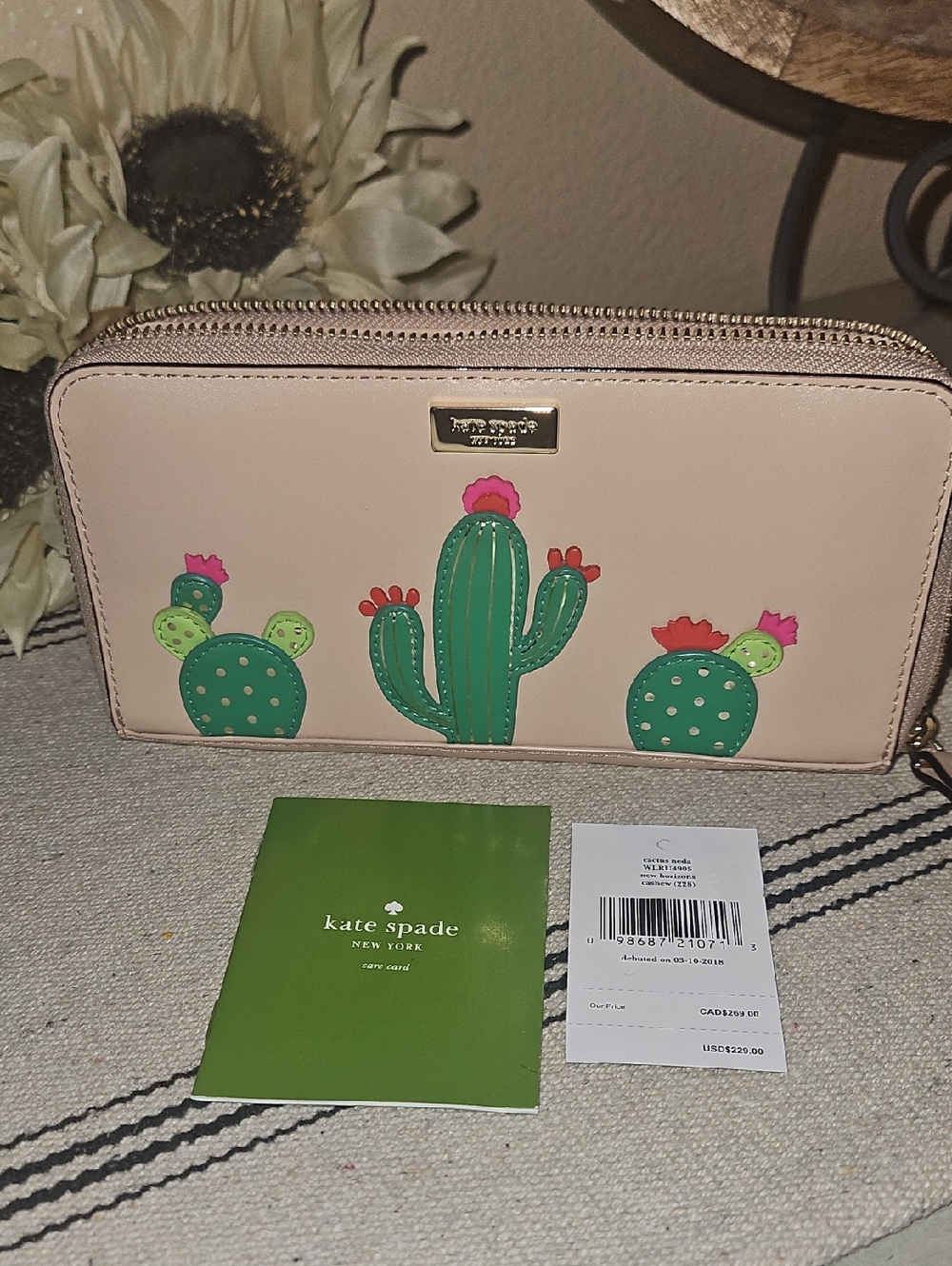 kate spade Cashew Cactus Zip Around Wallet With Green and Pink Accents